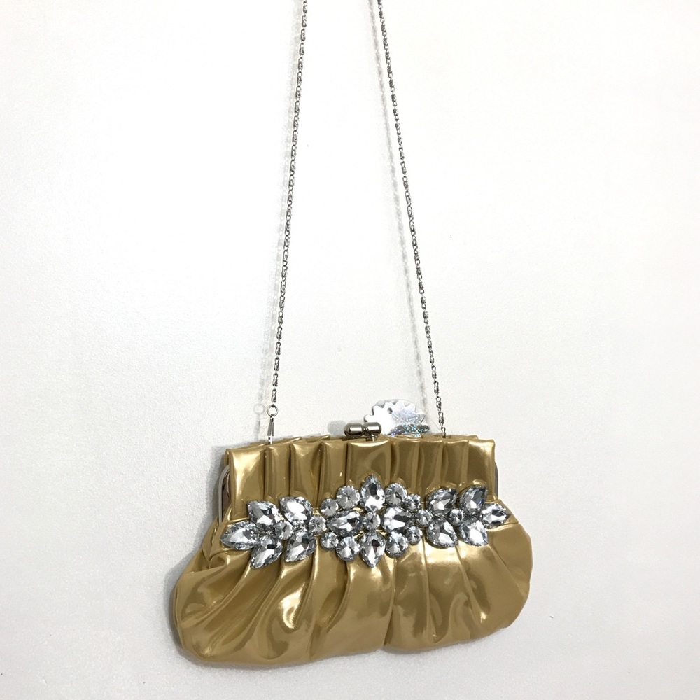 Bling Bejewelled Metallic Gold Ruffled Crossbody
